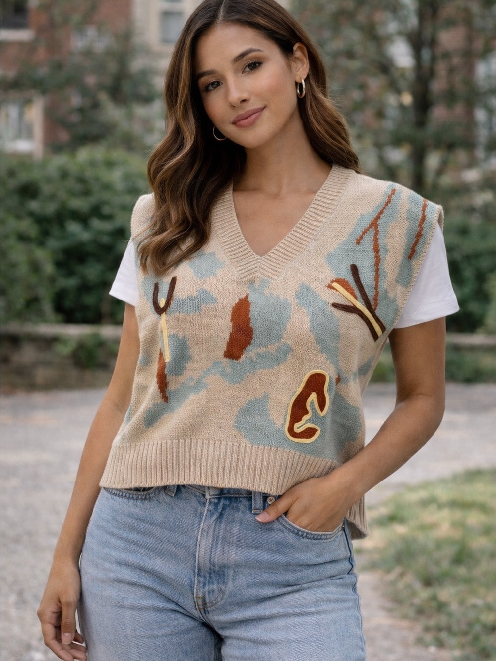 Beige Patterned V-Neck Knit Sweater Vest